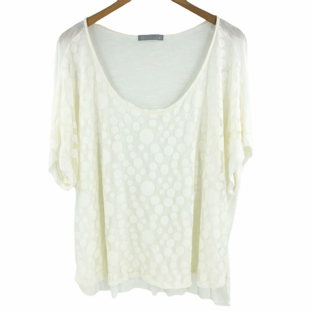 Olivia Moon Tunic Blouse Plus 3X Off White Polka Dots Minimalist Scoop Neck